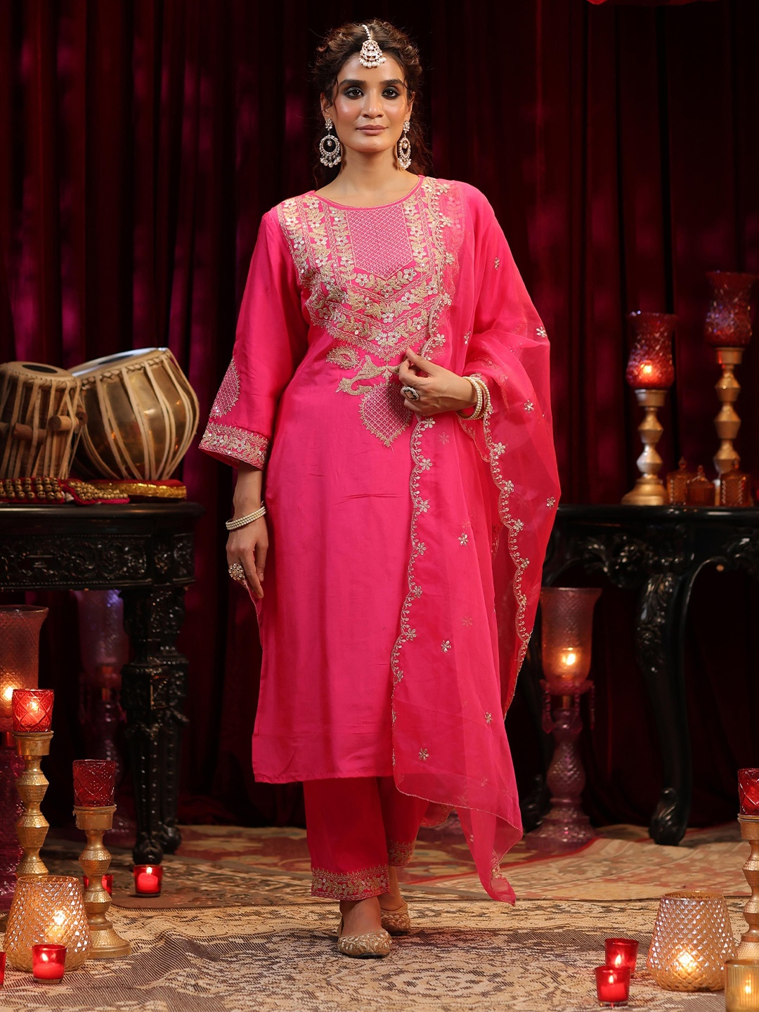 

SCAKHI Ethnic Motifs Yoke Design Dupion Silk Kurta With Trousers & Dupatta, Fuchsia