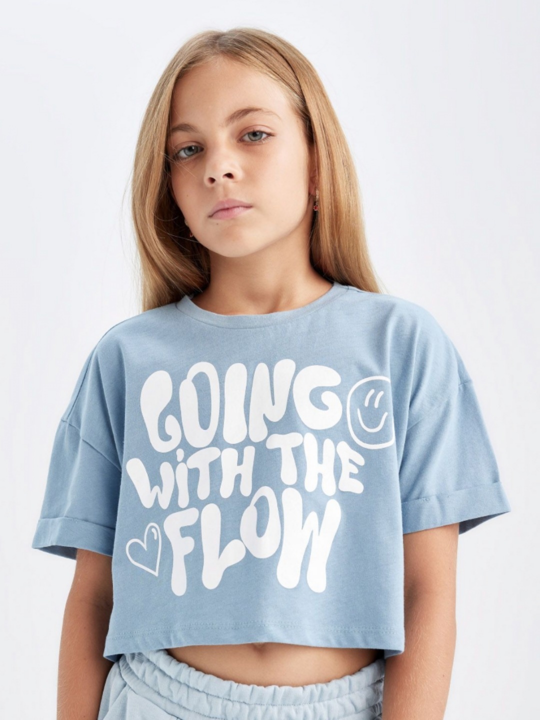 

DeFacto Girls Typography Printed Round Neck Cotton Boxy T-shirt, Blue