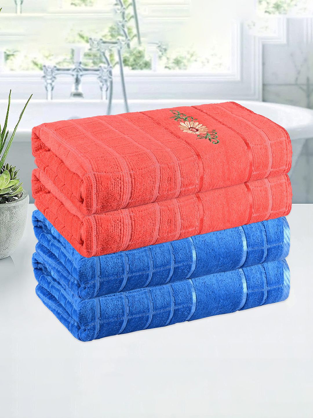 

Kuber Industries Blue & Orange 4 Pieces Striped 250 GSM Bath Towels