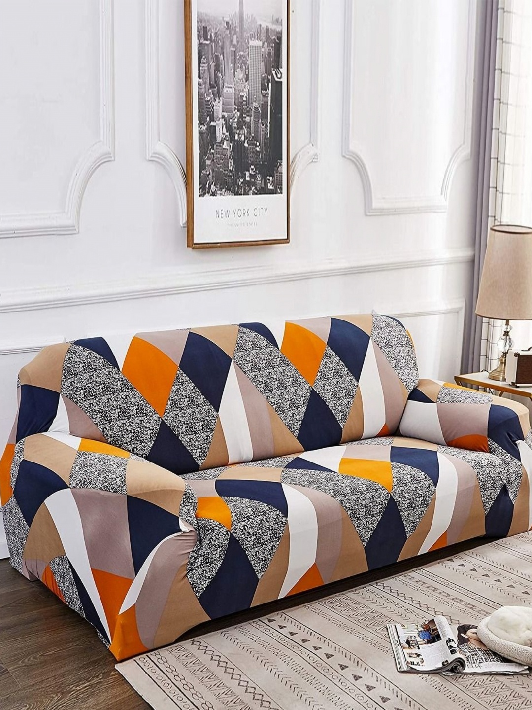 

B BESTILO Beige & White Printed Triple Seater Sofa Cover With Arms