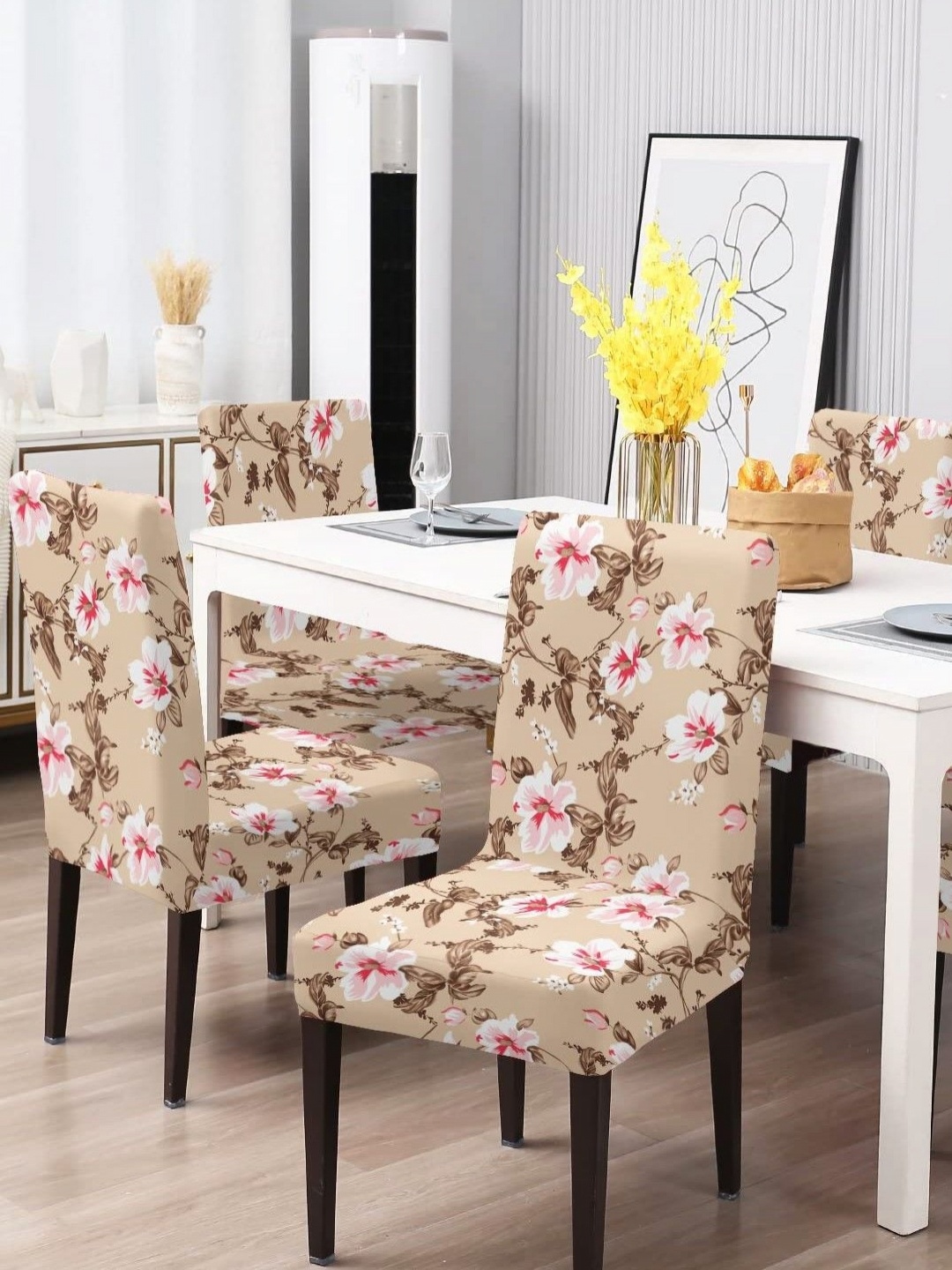

Aura Beige & White 4 Pieces Floral Printed Chair Covers