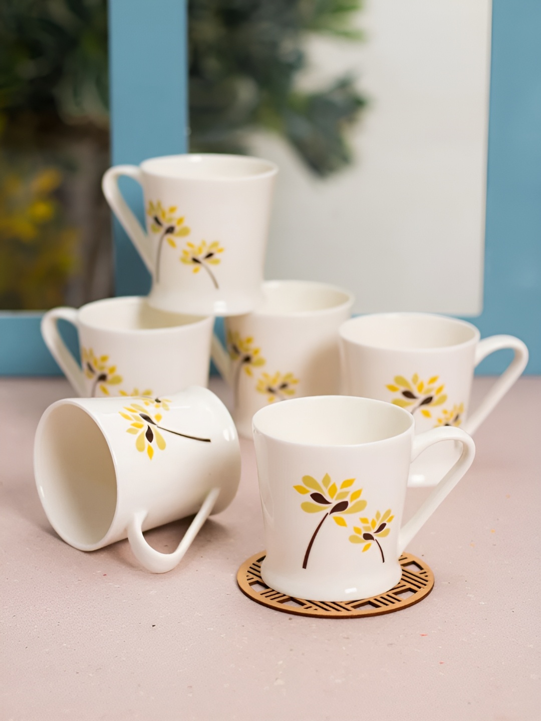

JCPL White & Yellow 6 Pieces Floral Printed Ceramic Glossy Cups Set