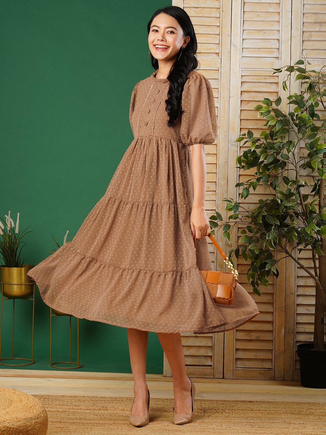 

CARTYSHOP Striped Puff Sleeve Georgette Fit & Flare Midi Dress, Brown