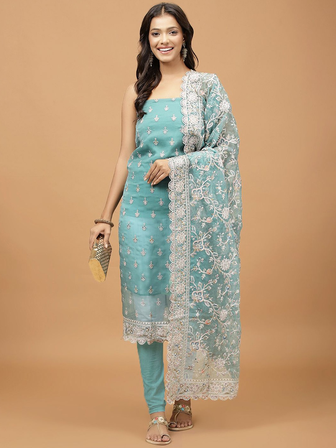 

Meena Bazaar Floral Embroidered Unstitched Dress Material, Sea green