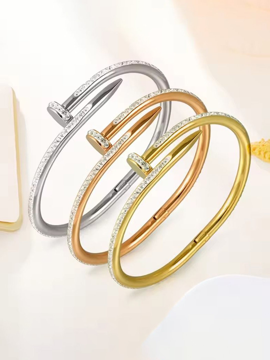 

MEENAZ Set Of 3 Gold-Plated Stainless Steel Anti Tarnish Stone Studded Kada Bracelets