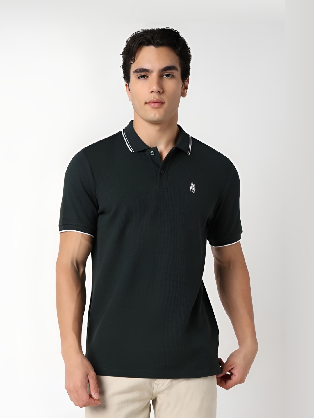 

R&B Men Solid Polo Collar Cotton T-shirt, Navy blue