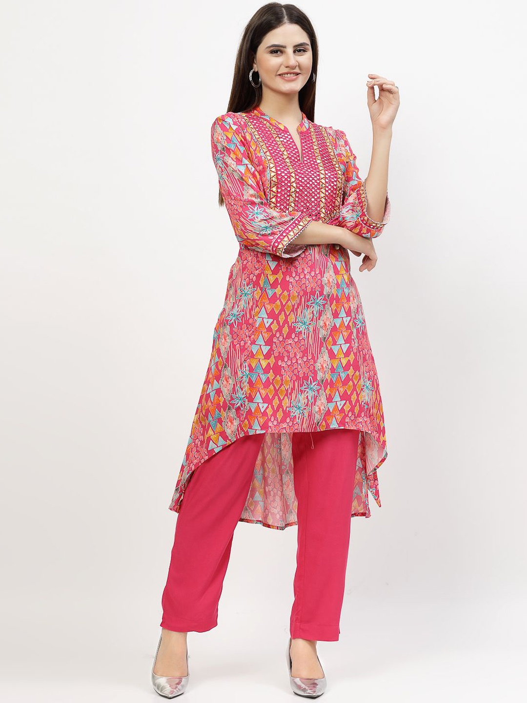 

COSMIC TRIO Ethnic Motifs Printed Regular Mirror Work Kurta with Trousers, Pink