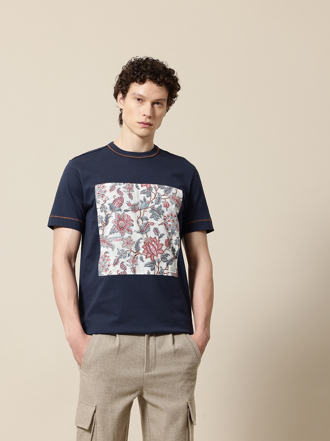 

Mr Bowerbird Pure Cotton Liberal Fit Baagh Rumal T-shirt, Navy blue