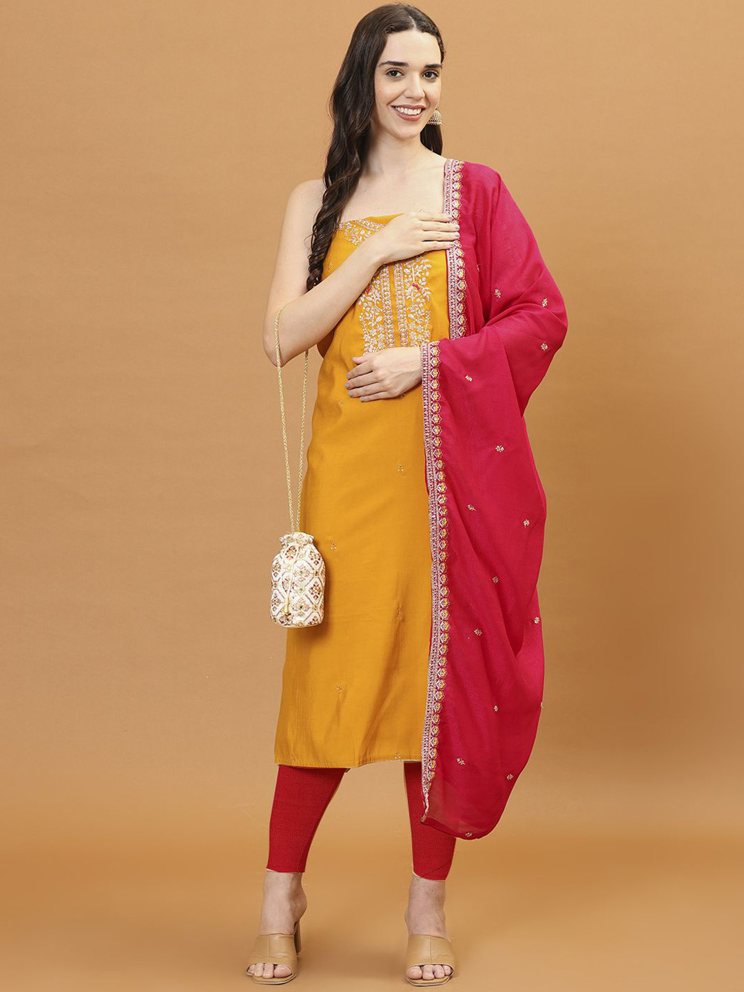 

Meena Bazaar Floral Embroidered Sequinned Unstitched Dress Material, Mustard