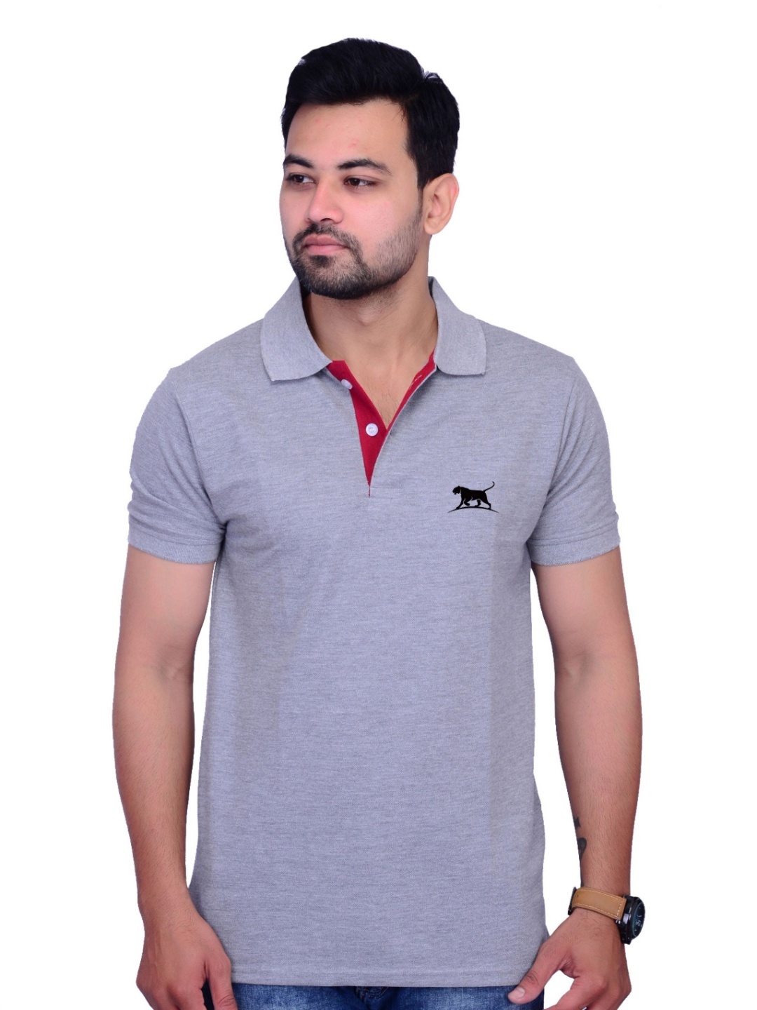 

LA MILANO Men Polo Collar Applique Slim Fit T-shirt, Grey