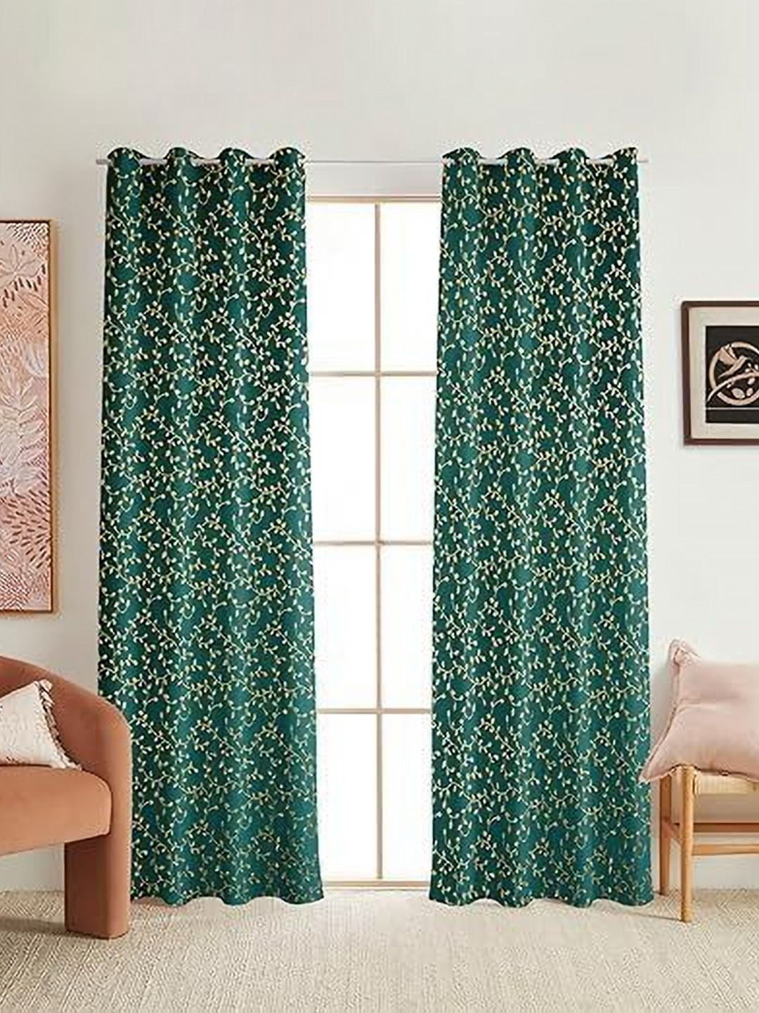

Banchmark Home Furnishings Green & Beige 2 Pcs Floral Velvet Black Out Long Door Curtains