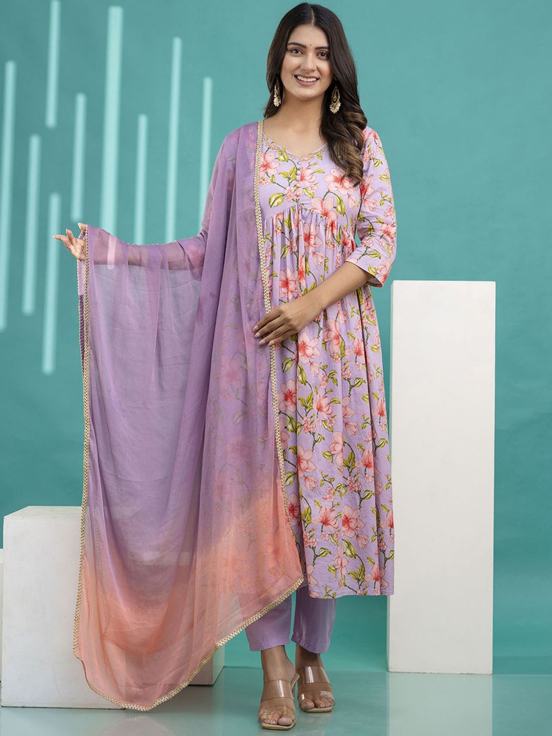 

Nayo Floral Printed Pure Cotton Anarkali Kurta with Palazzos & Dupatta, Lavender