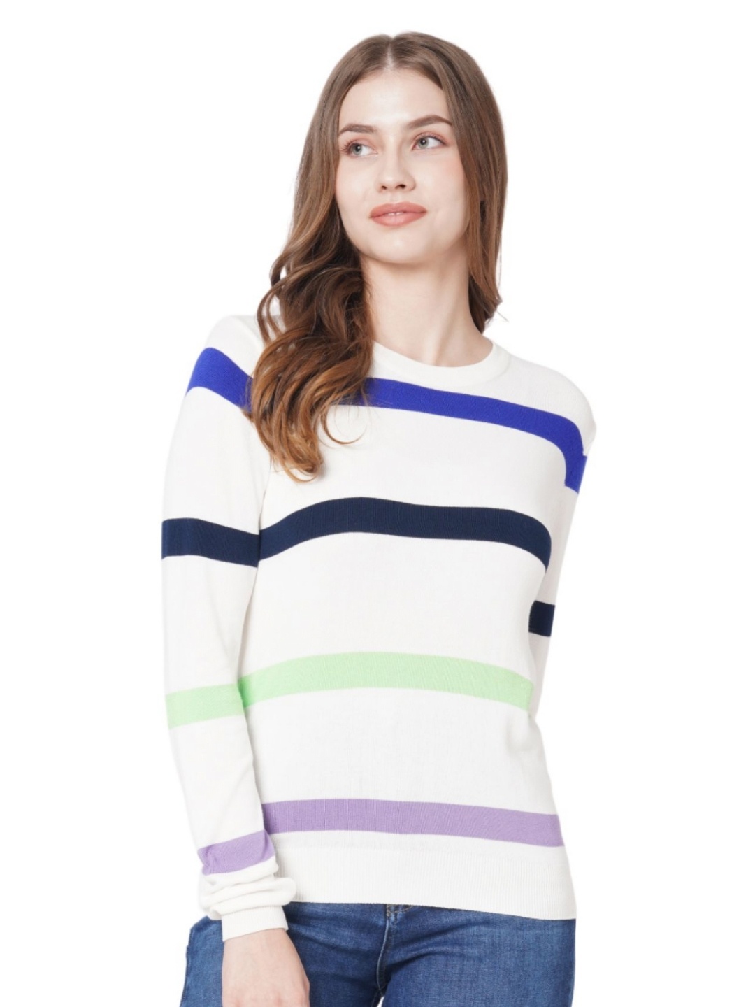

Kraus Jeans Women Striped Round Neck Slim Fit T-shirt, White