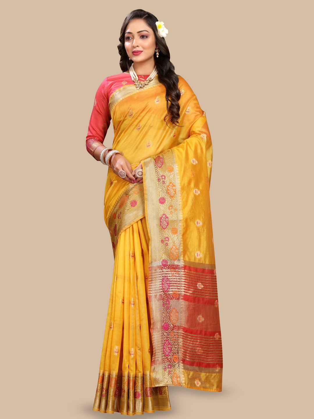 

MOKSHA DESIGNS Ethnic Motifs Zari Pure Silk Banarasi Saree, Yellow