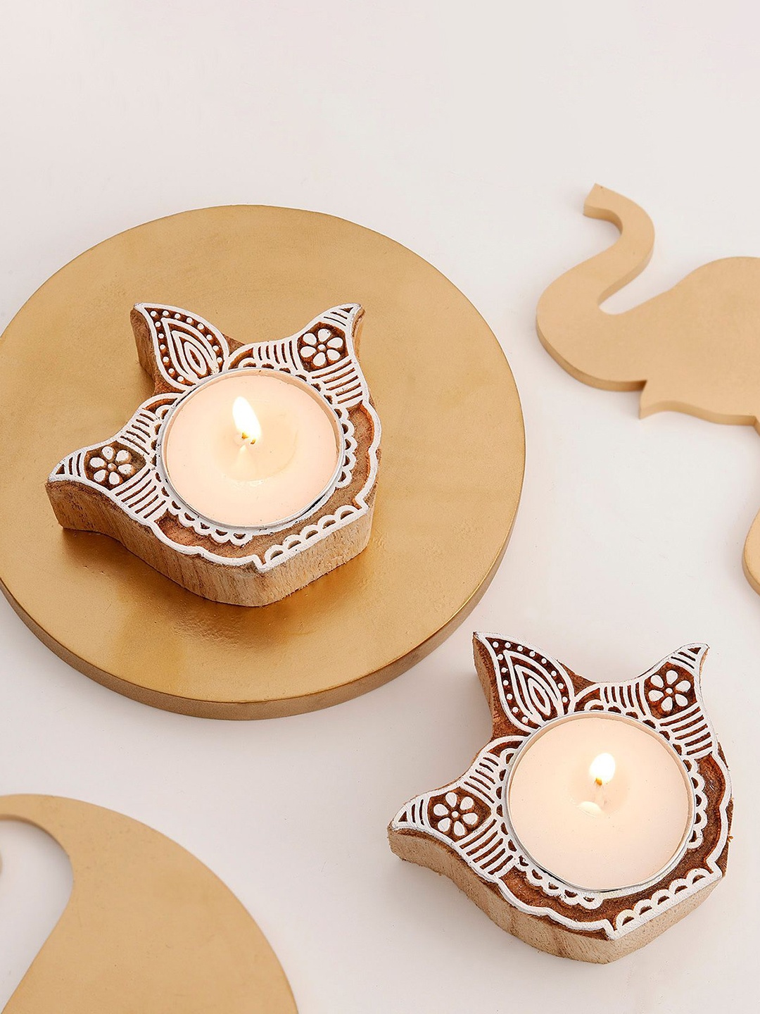 

IGP Set Of 2 Eco-friendly Diya-Shaped Candle Holder With Tea Light Candle, Brown