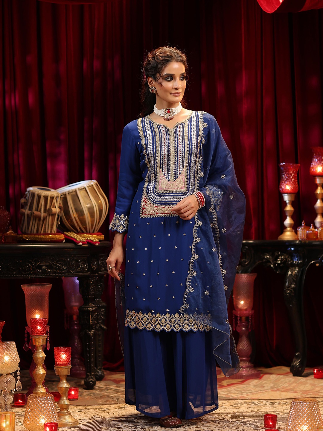 

SCAKHI Ethnic Motifs Embroidered Sequinned Straight Kurta with Palazzos & Dupatta, Blue