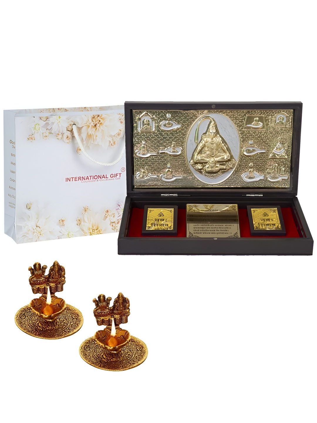 

INTERNATIONAL GIFT Gold-Toned Religious Lord Shiv Charan Paduka Showpiece with 2 Diya