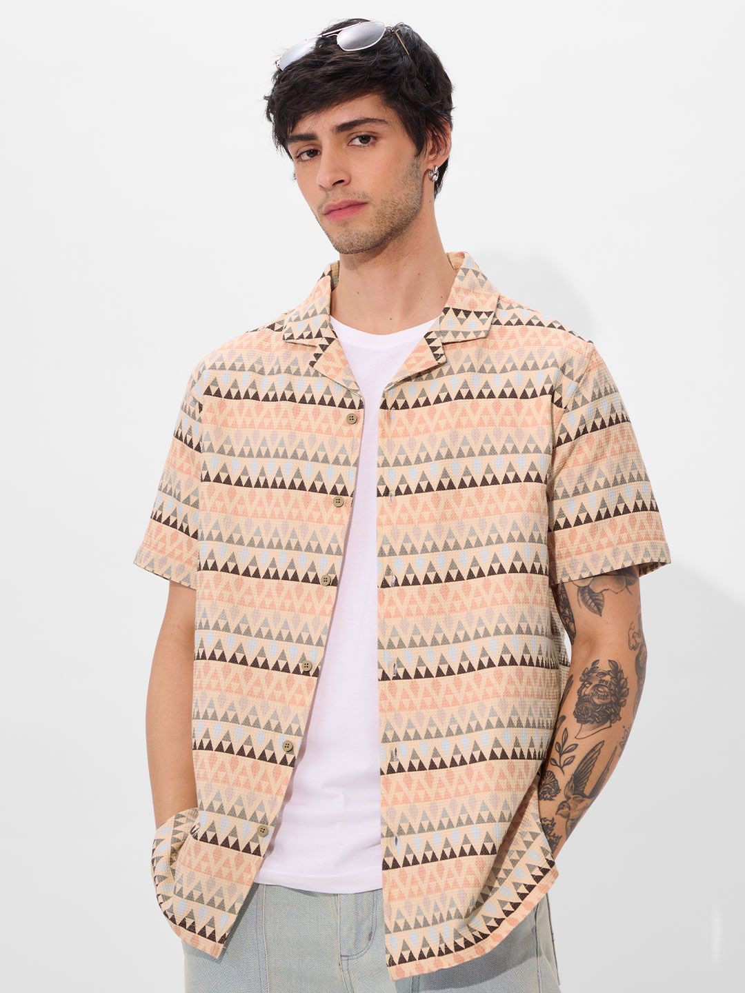 

The Souled Store Men Cuban Collar Abstract Printed Cotton Casual Shirt, Beige