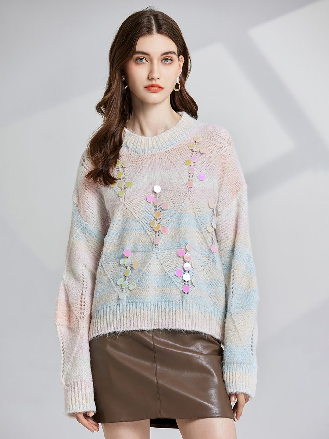 

JC Collection Women Cable Knit Pullover with Embellished Detail, Pink