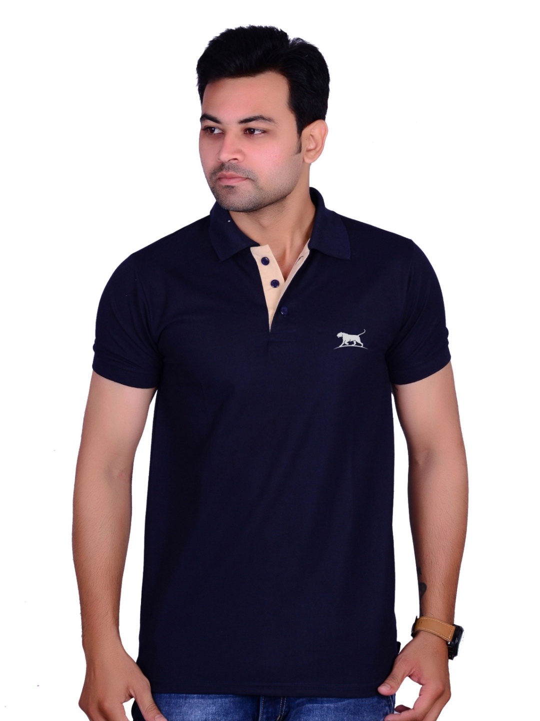 

LA MILANO Men Polo Collar Applique Slim Fit T-shirt, Navy blue