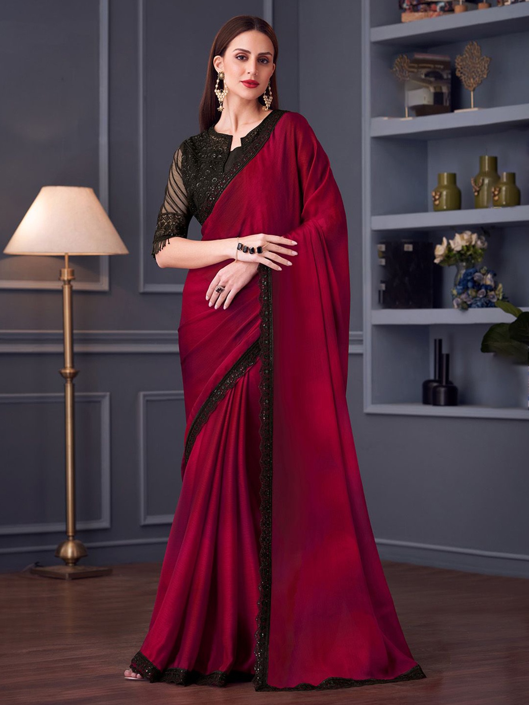 

Mitera Sequinned Satin Saree, Pink