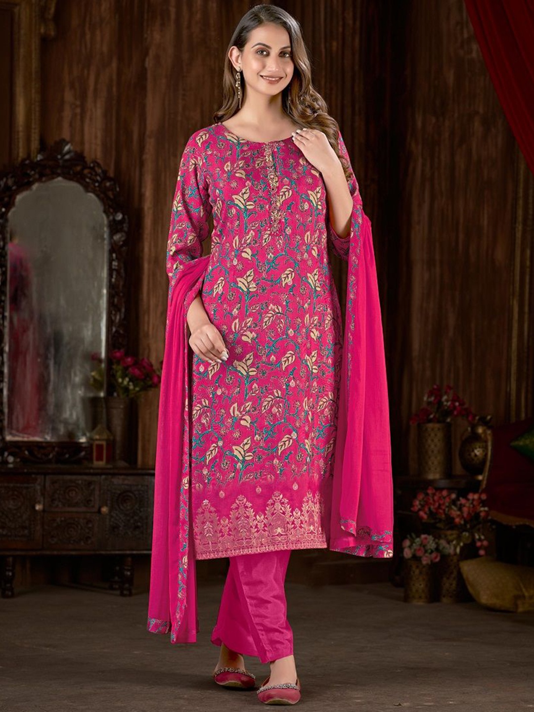 

JIVORA Floral Printed Thread Work Pure Silk Kurta with Trousers & Dupatta, Pink