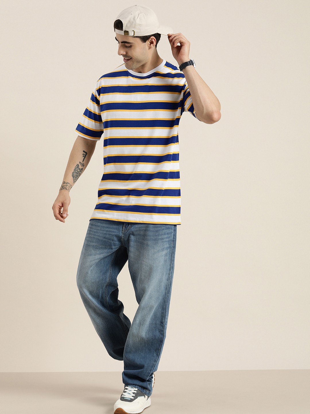 

HERE&NOW Men Striped Pure Cotton T-shirt, White