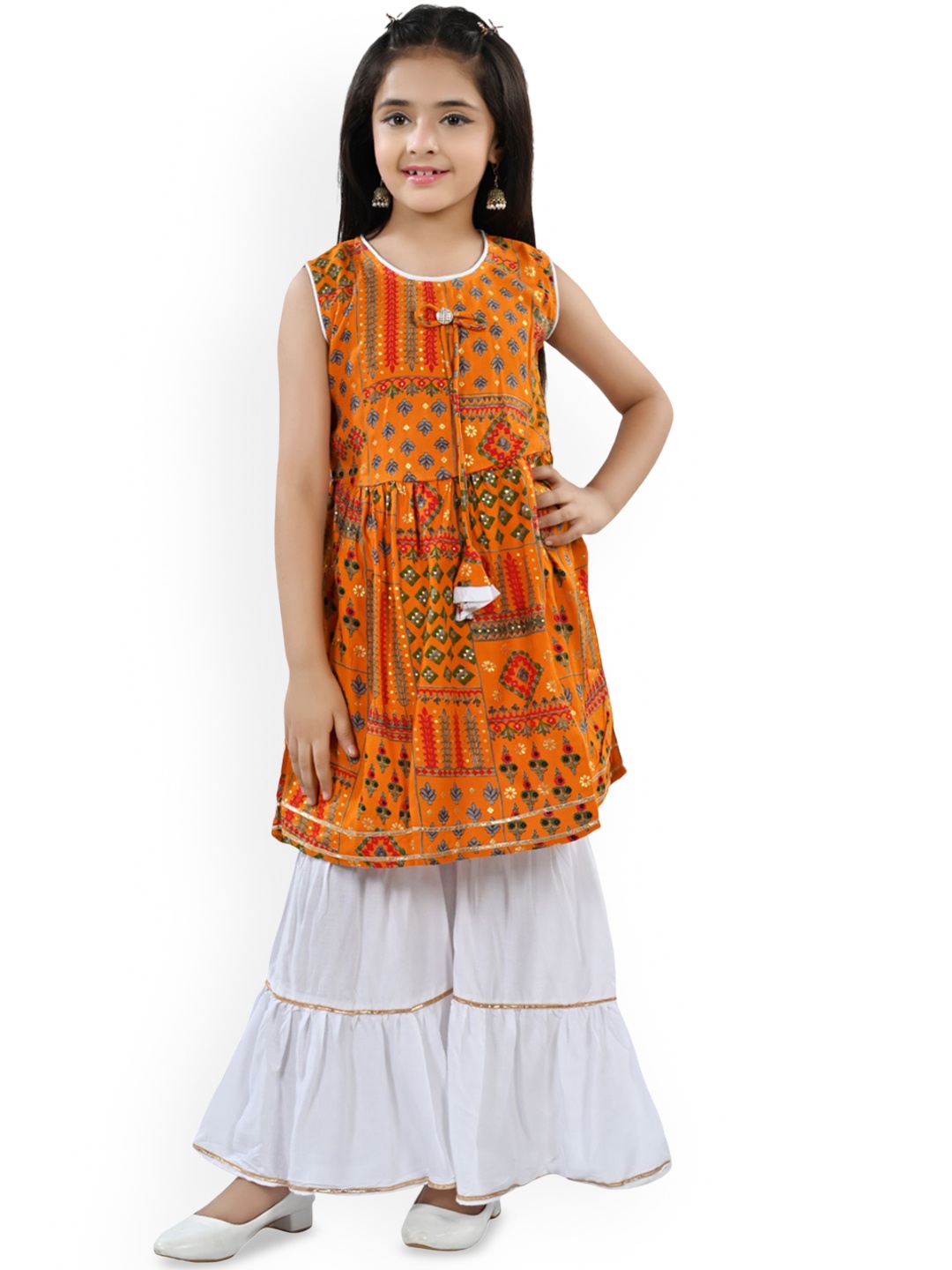 

Arshia Fashions Girls Floral Printed A-Line Kurti with Sharara, Yellow