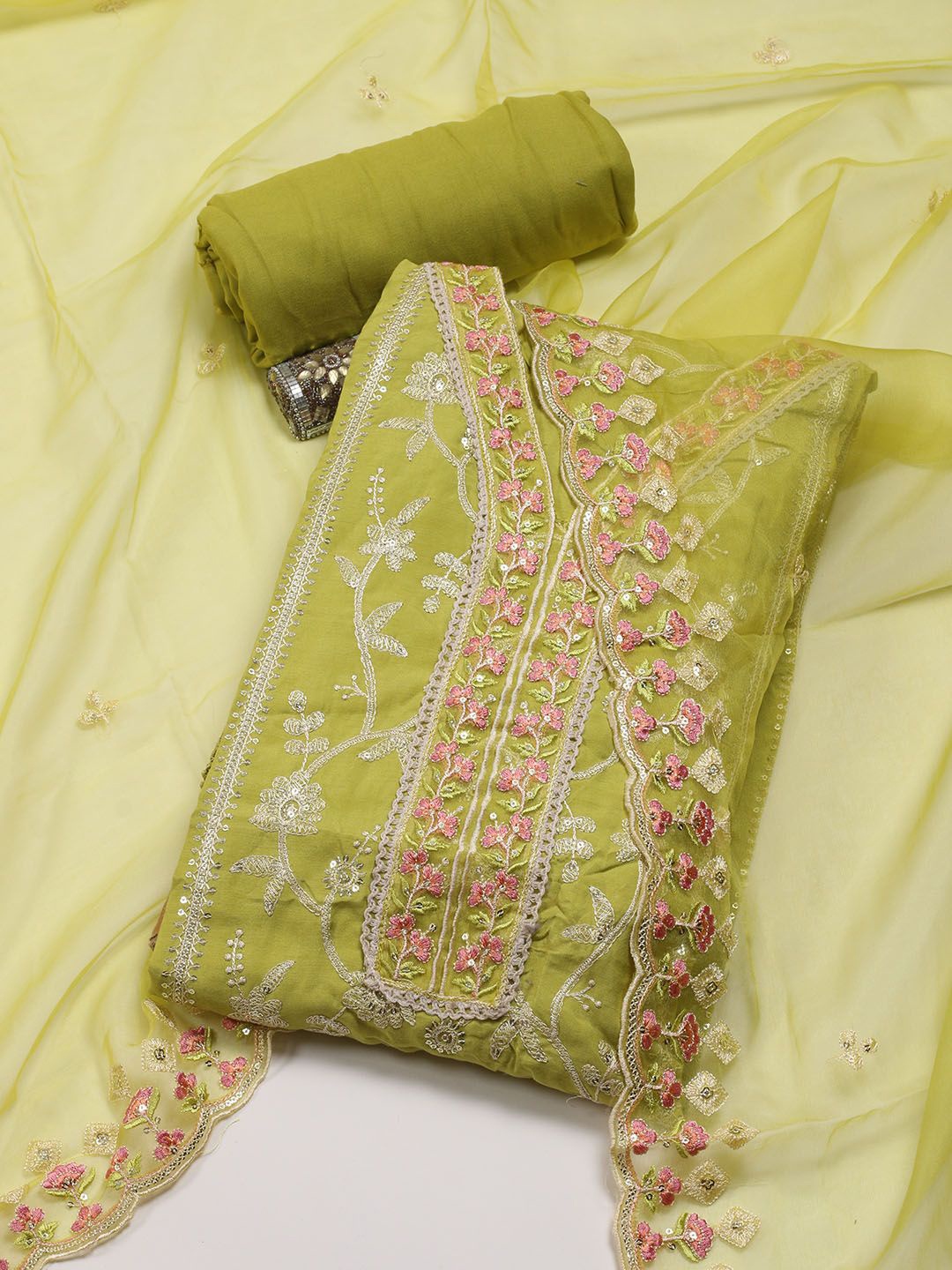 

Meena Bazaar Floral Embroidered Sequinned Unstitched Dress Material, Green