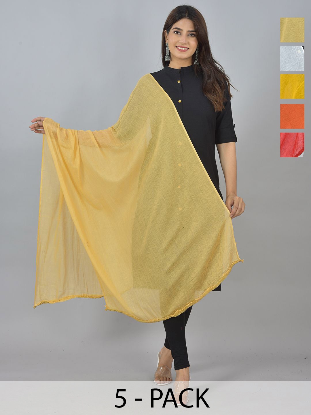 

LA FEMINAE Pack Of 5 Pure Cotton Dupattas, Yellow