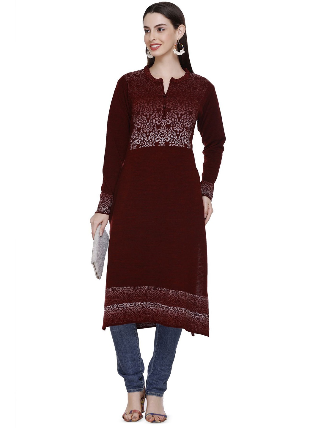 

MONTREX Women Geometric Printed Woollen Kurta, Maroon