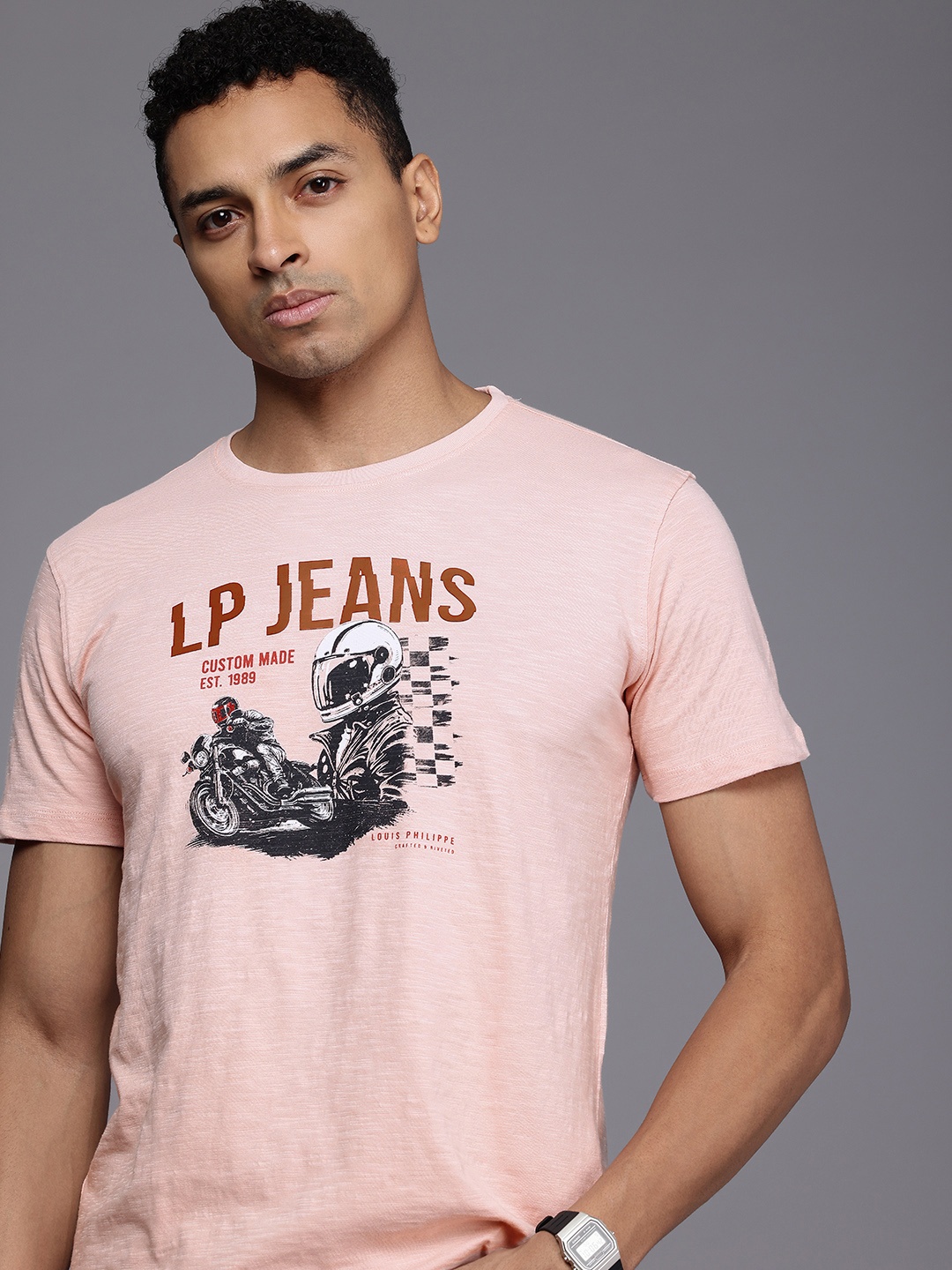 

Louis Philippe Jeans Printed Pure Cotton Slim Fit T-shirt, Pink