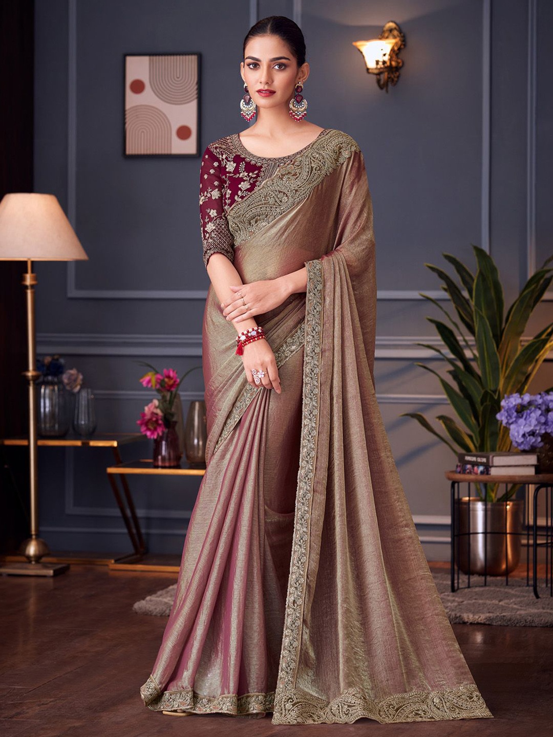 

Mitera Embellished Embroidered Pure Chiffon Saree, Burgundy