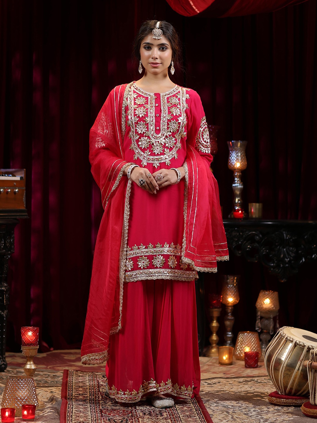 

SCAKHI Floral Embroidered Gotta Patti Georgette Straight Kurta with Palazzos & Dupatta, Fuchsia