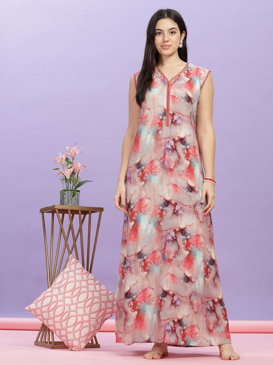 

9shines Label Women Abstract Printed V-neck Sleeveless Maxi Nightdress, Red