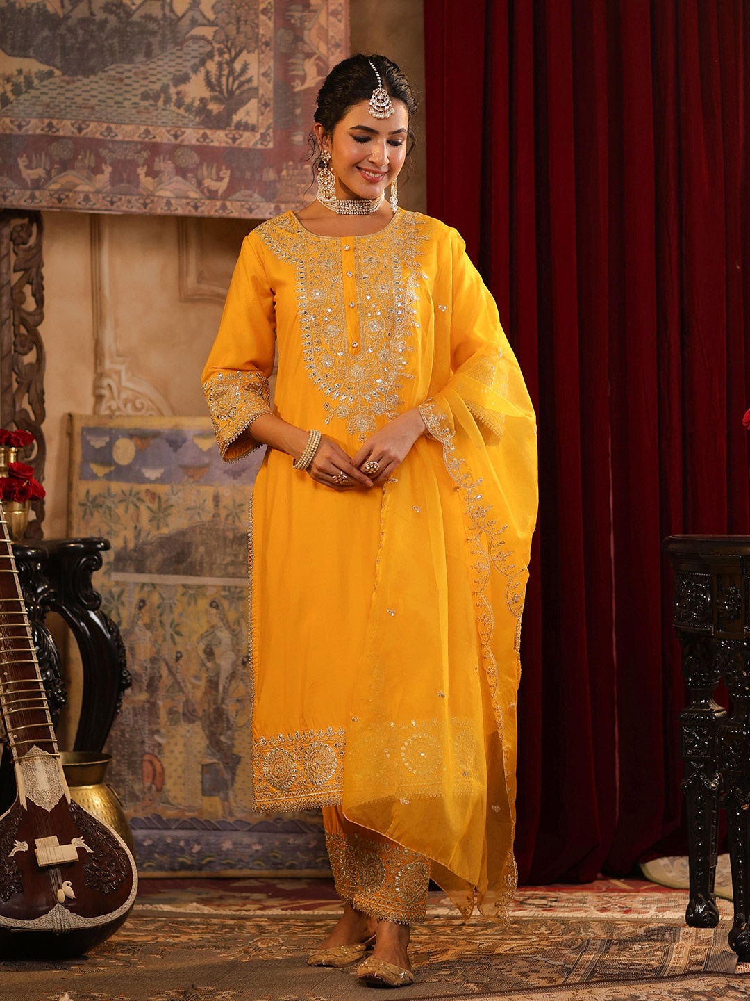 

SCAKHI Floral Embroidered Sequinned Chanderi Silk Straight Kurta with Trousers & Dupatta, Mustard