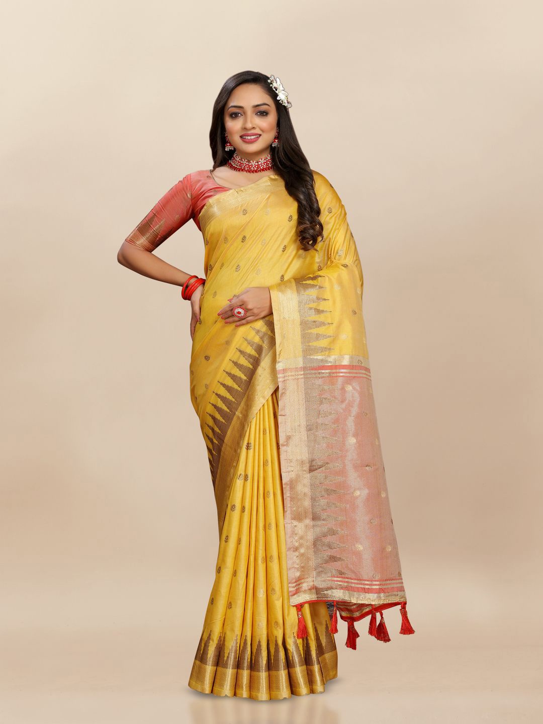 

MOKSHA DESIGNS Ethnic Motifs Zari Pure Silk Kanjeevaram Saree, Yellow
