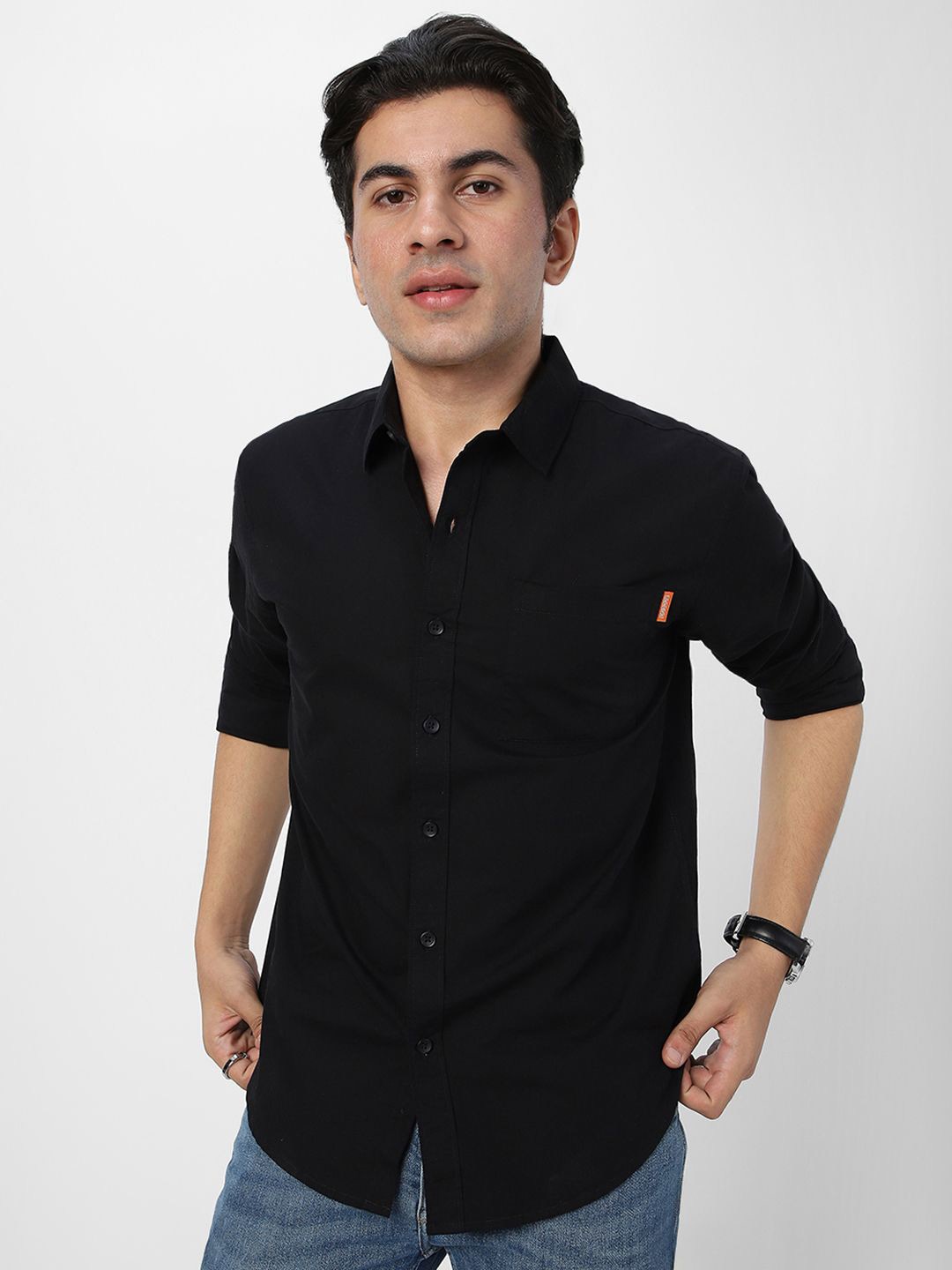 

Urbano Fashion Men Spread Collar Solid Cotton Casual Shirt, Black