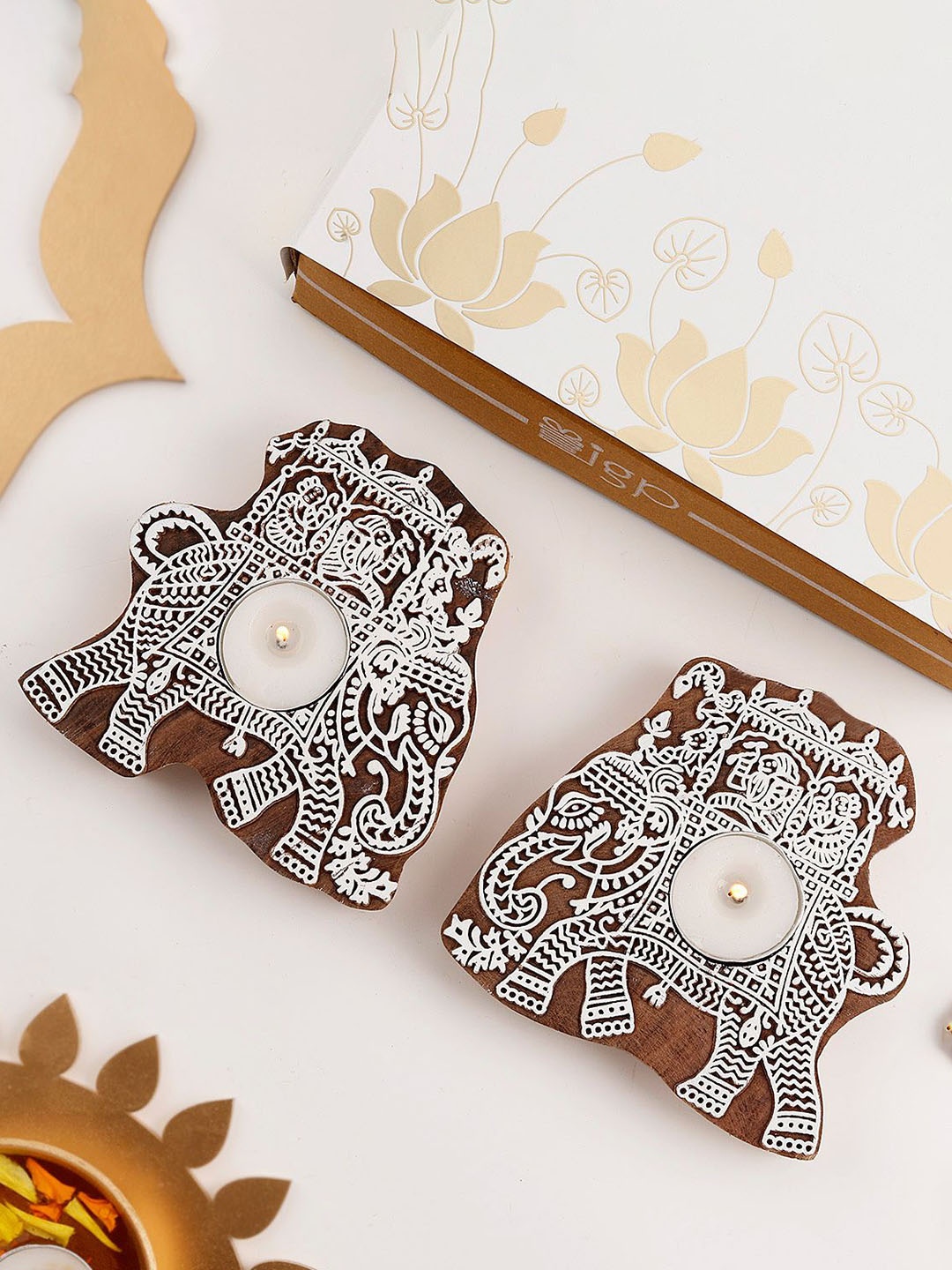 

IGP Set of 2 Eco-friendly Elephant Candle Holder With Tea Light Candle, Brown