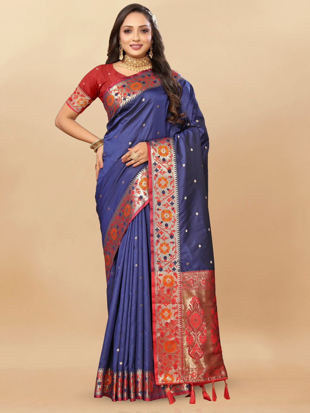 

MOKSHA DESIGNS Ethnic Motifs Zari Pure Silk Paithani Saree, Navy blue