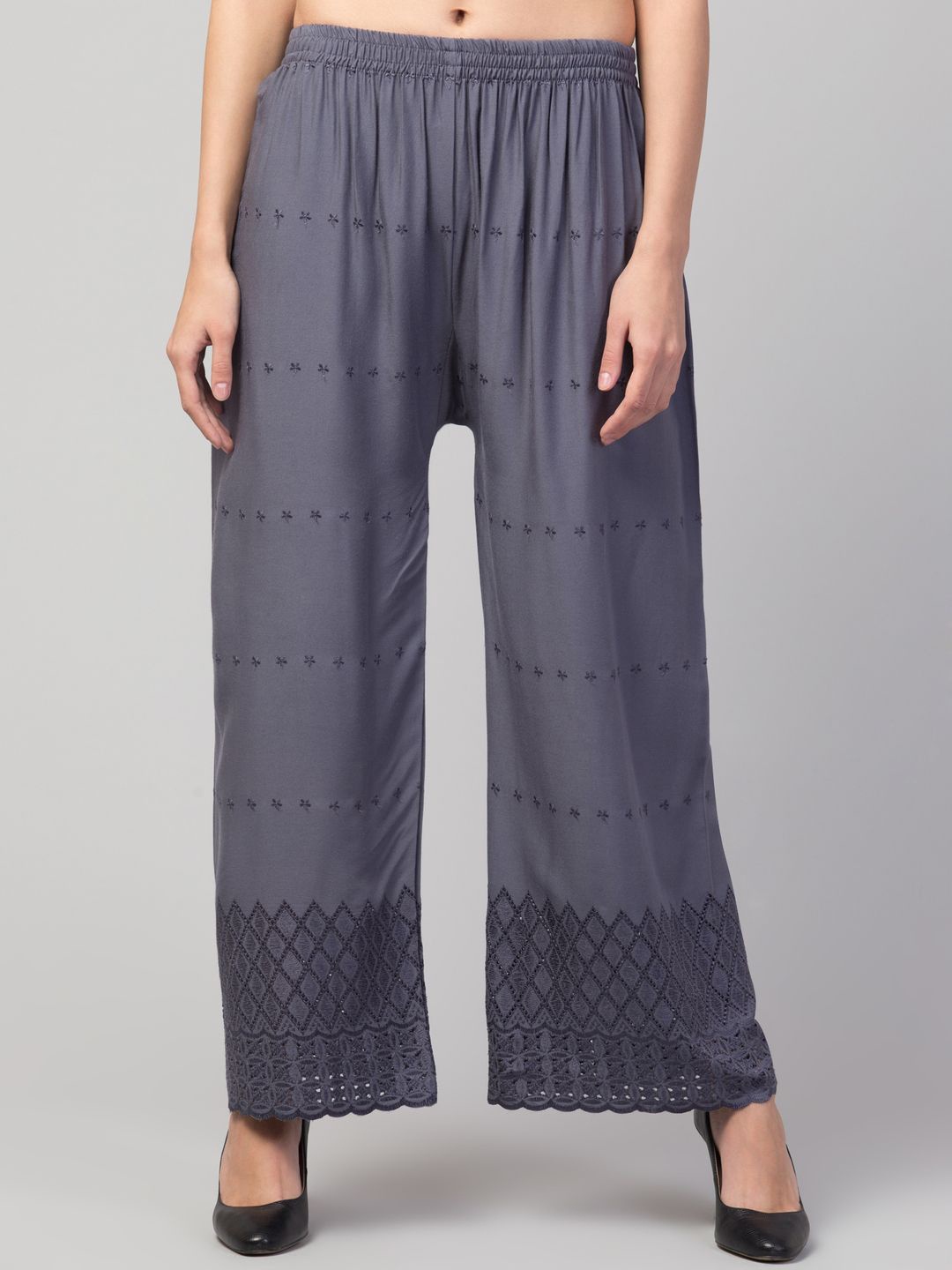 

FAMBEE Women Embroidered Knitted Palazzos, Grey