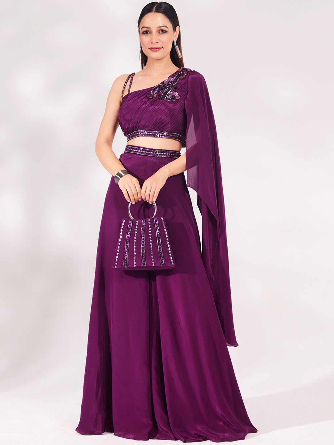 

Chaashni by Maansi & Ketan Beads & Stones Embellished One Shoulder Top & Palazzo, Burgundy