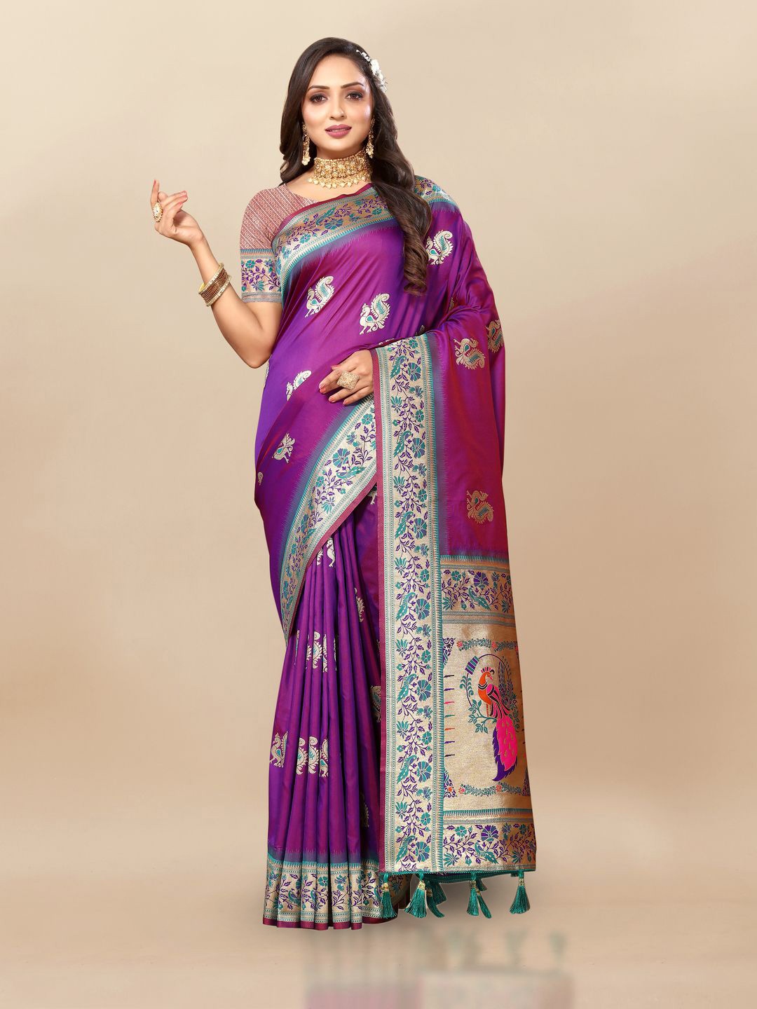

MOKSHA DESIGNS Ethnic Motifs Zari Pure Silk Paithani Saree, Purple