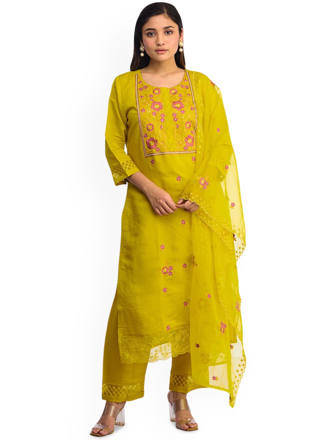 

ISHKIYA Women Floral Embroidered Regular Kurta with Trousers & With Dupatta, Yellow