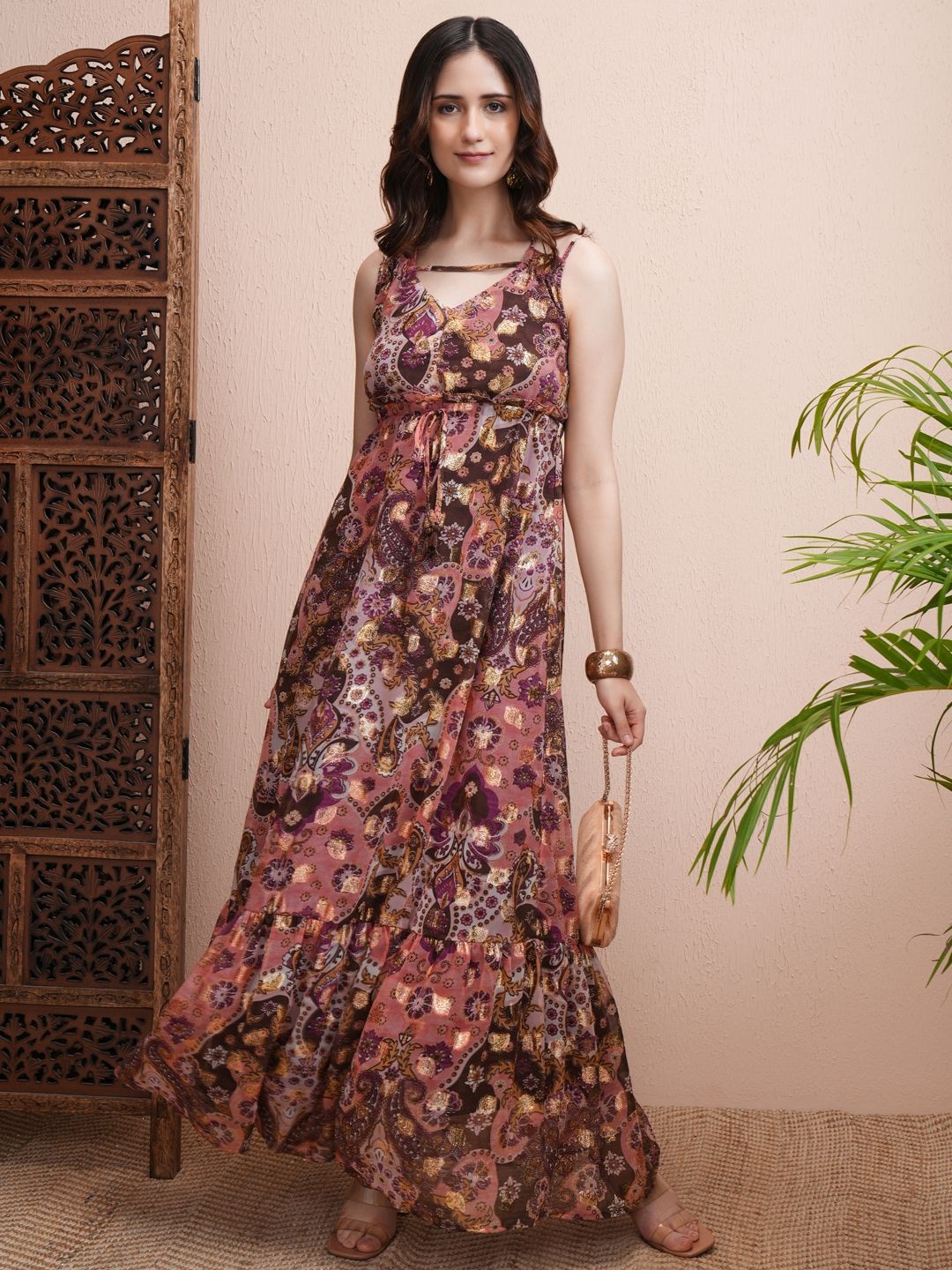 

Vishudh Floral Print Fit & Flare Maxi Dress, Peach