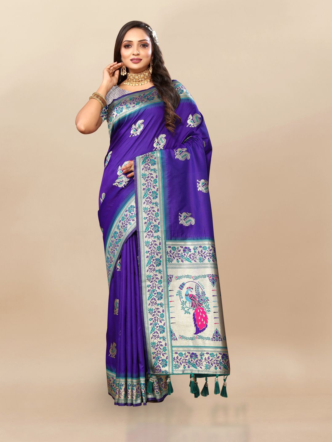 

MOKSHA DESIGNS Ethnic Motifs Woven Design Zari Pure Silk Paithani Saree, Blue