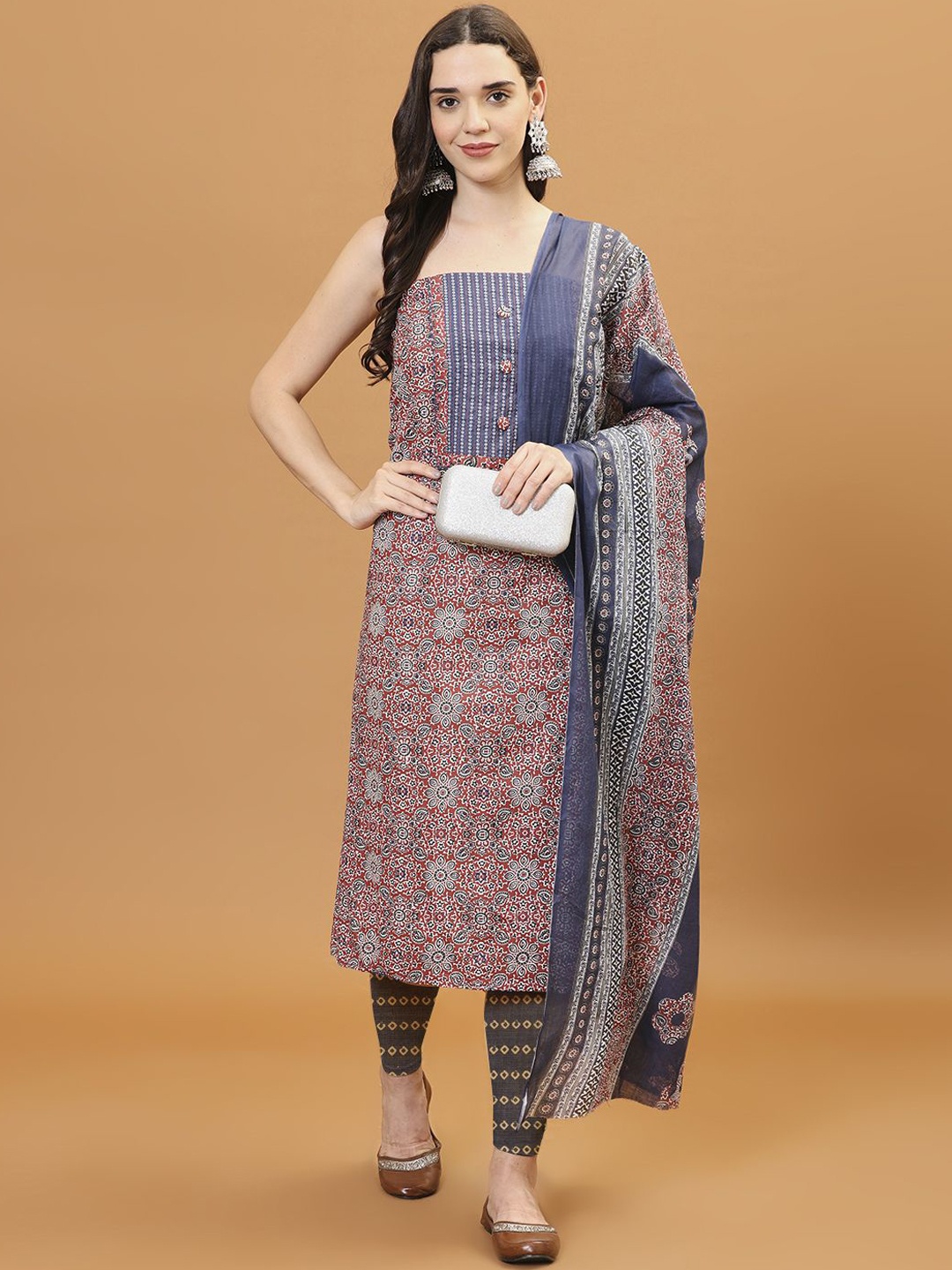 

Meena Bazaar Floral Printed Unstitched Dress Material, Maroon