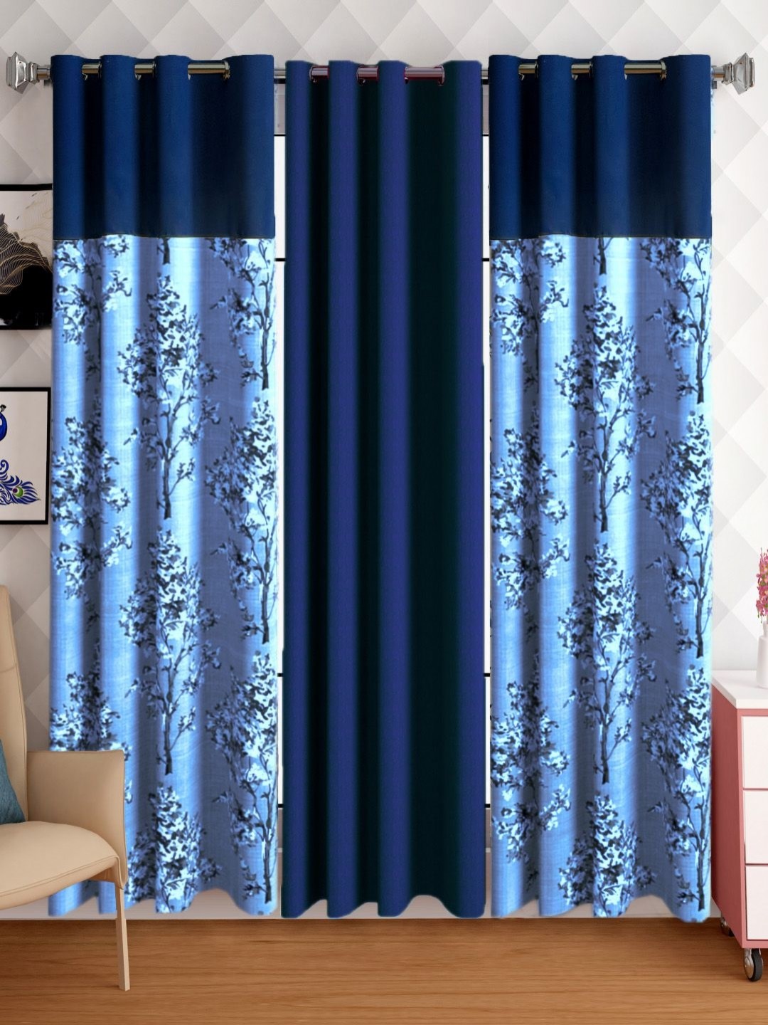 

Lunar Days Blue Set of 3 Floral Room Darkening Long Door Curtain