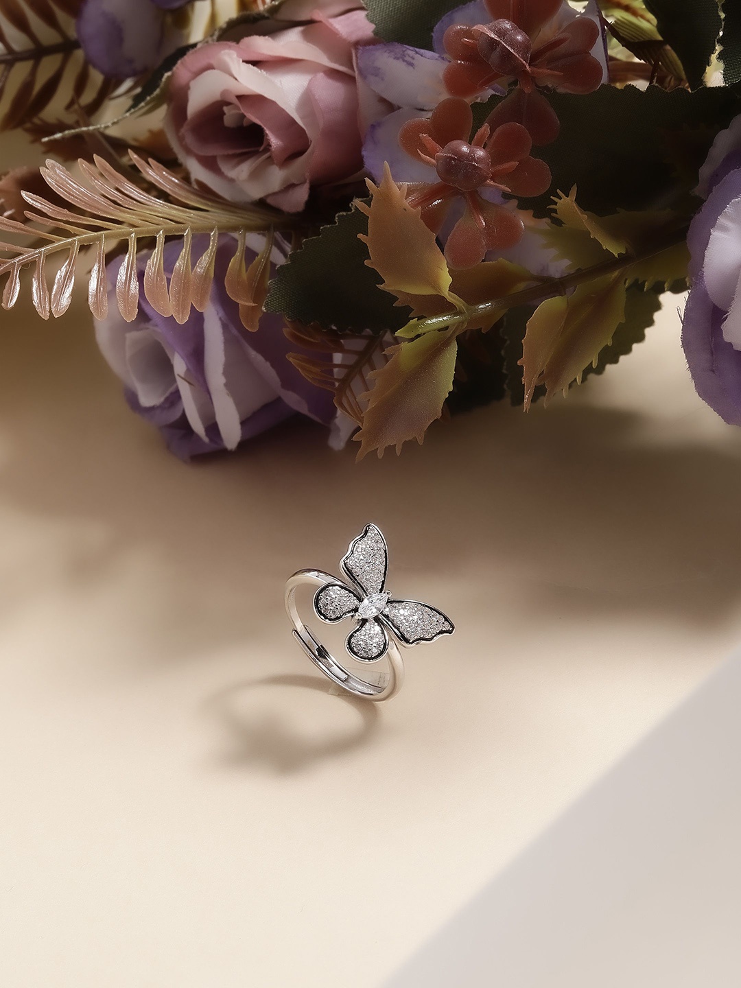 

DIAVO 925 Sterling Silver Rhodium Plated Stones Studded Finger Ring