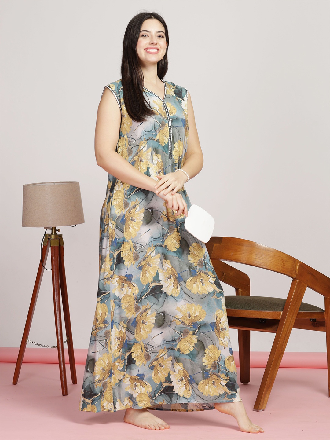 

9shines Label Women Tropical Printed V-Neck Sleeveless Maxi Nightdress, Green